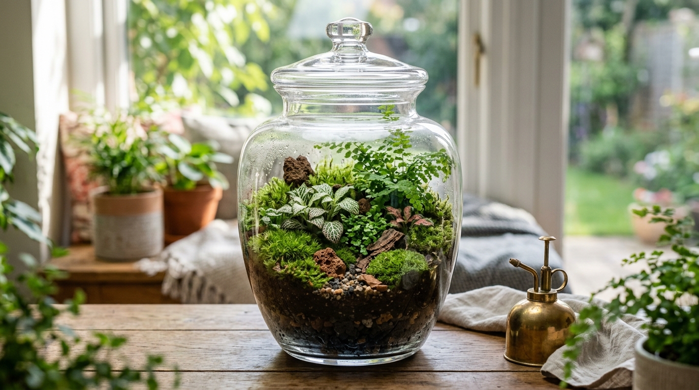 Terrário fechado imperial com musgos e plantas vivas em vidro soprado